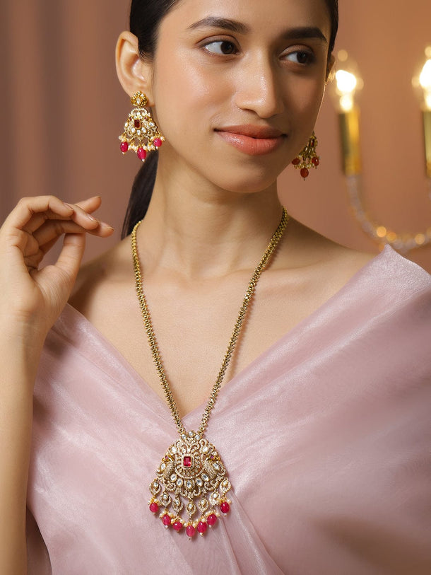 Rubans 22K Gold-Plated Ruby Pink & Cubic Zirconia Studded Long Necklace Set with Ruby Pink & White Pearls Beaded Accents Necklace & Chains
