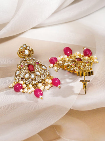 Rubans 22K Gold-Plated Ruby Pink & Cubic Zirconia Studded Long Necklace Set with Ruby Pink & White Pearls Beaded Accents Necklace & Chains