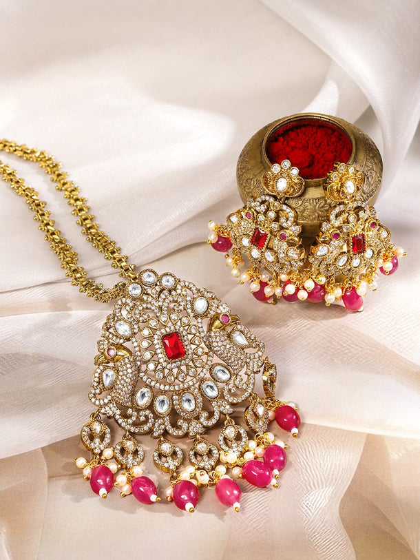 Rubans 22K Gold-Plated Ruby Pink & Cubic Zirconia Studded Long Necklace Set with Ruby Pink & White Pearls Beaded Accents Necklace & Chains
