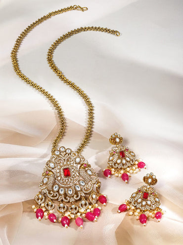Rubans 22K Gold-Plated Ruby Pink & Cubic Zirconia Studded Long Necklace Set with Ruby Pink & White Pearls Beaded Accents Necklace & Chains