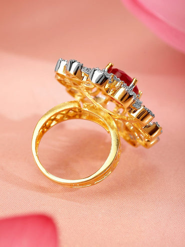 Rubans 22K Gold-Plated Ruby Pink & Cubic Zirconia Studed Floral Adjustable Finger Ring Rings