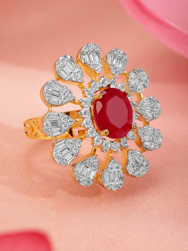 Rubans 22K Gold-Plated Ruby Pink & Cubic Zirconia Studed Floral Adjustable Finger Ring Rings