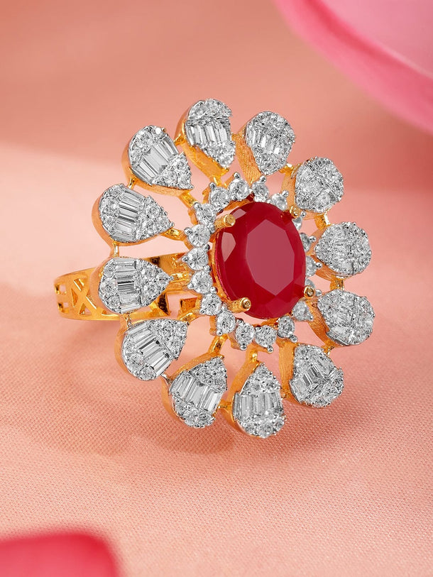 Rubans 22K Gold-Plated Ruby Pink & Cubic Zirconia Studed Floral Adjustable Finger Ring Rings