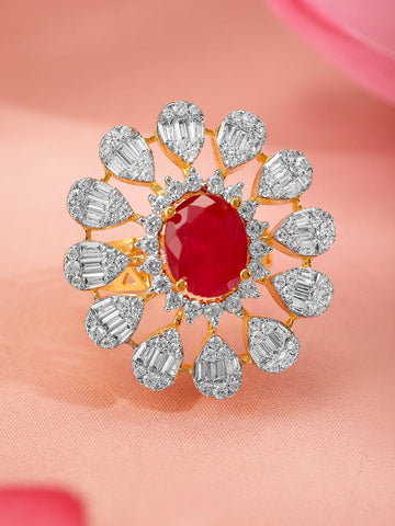 Rubans 22K Gold-Plated Ruby Pink & Cubic Zirconia Studed Floral Adjustable Finger Ring Rings