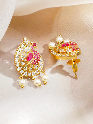 Rubans 22K Gold-Plated Ruby Pink, Cubic Zirconia & White Pearl Beaded Peacock Pendant Necklace Set Jewellery Set