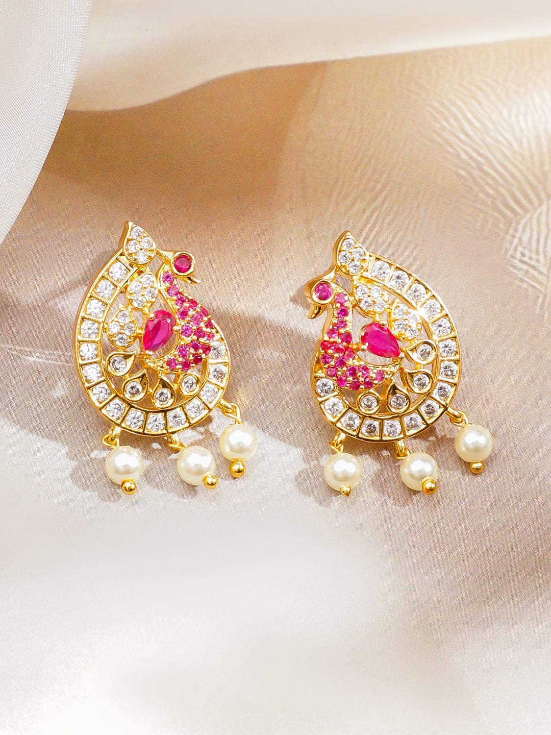 Rubans 22K Gold-Plated Ruby Pink, Cubic Zirconia & White Pearl Beaded Peacock Pendant Necklace Set Jewellery Set