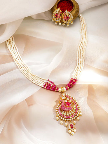 Rubans 22K Gold-Plated Ruby Pink, Cubic Zirconia & White Pearl Beaded Peacock Pendant Necklace Set Jewellery Set