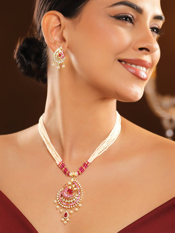 Rubans 22K Gold-Plated Ruby Pink, Cubic Zirconia & White Pearl Beaded Peacock Pendant Necklace Set Necklaces, Necklace Sets