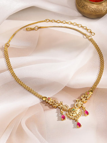 Rubans 22K Gold-Plated Ruby Pink Drop & Peacock Motif & Floral Charms Chain Necklace Necklace & Chains