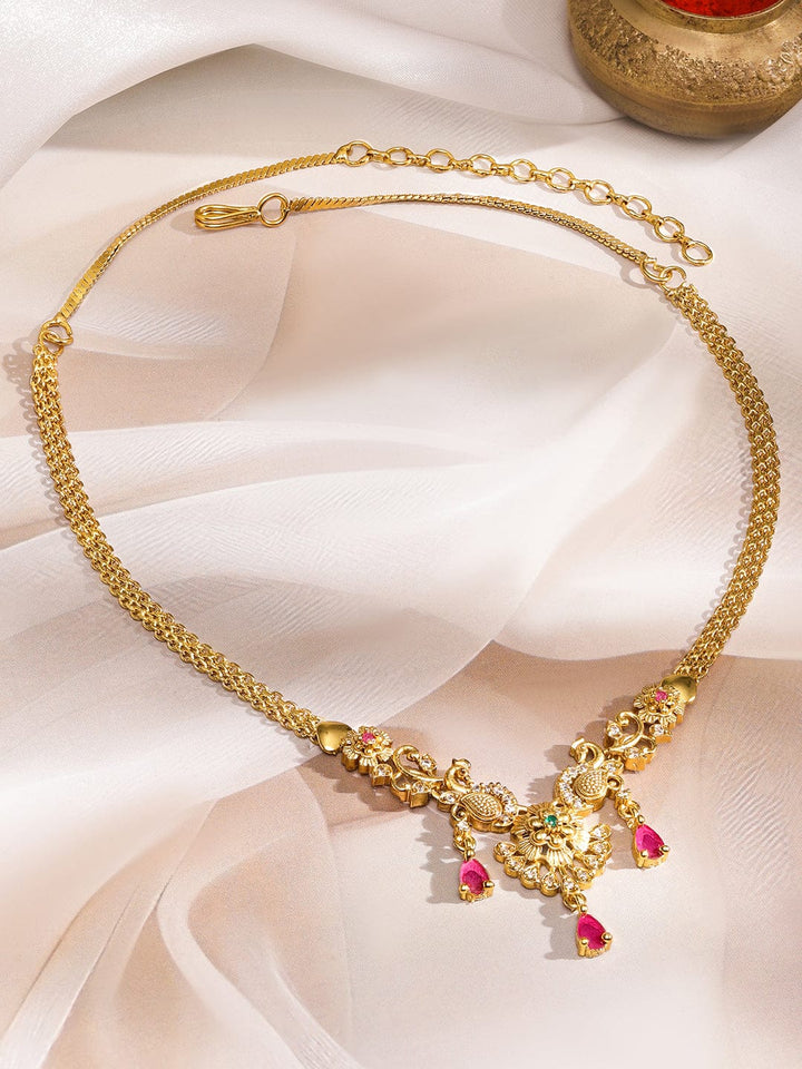 Rubans 22K Gold-Plated Ruby Pink Drop & Peacock Motif & Floral Charms Chain Necklace Necklace & Chains