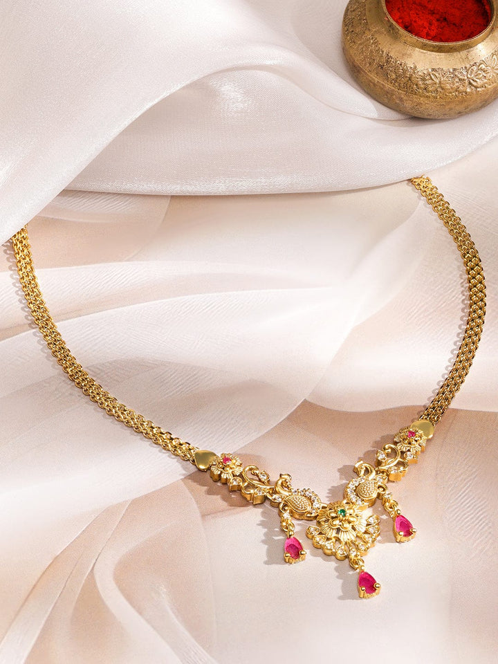 Rubans 22K Gold-Plated Ruby Pink Drop & Peacock Motif & Floral Charms Chain Necklace Necklace & Chains