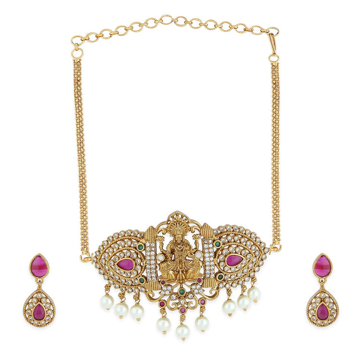 Rubans 22K Gold-Plated Ruby Pink, Emerald, and Cubic Zirconia Studded Lakshmi Temple Choker Necklace Set Choker set