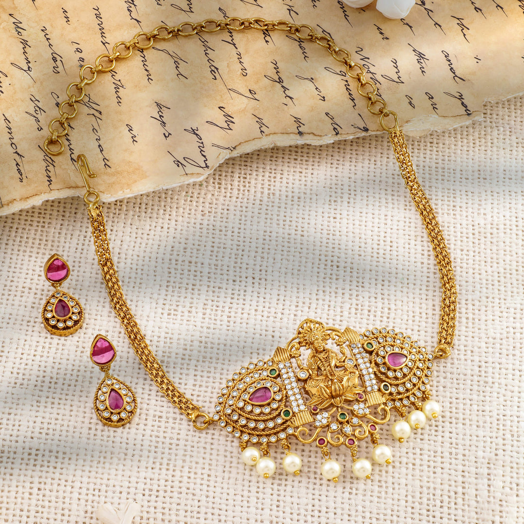 Rubans 22K Gold-Plated Ruby Pink, Emerald, and Cubic Zirconia Studded Lakshmi Temple Choker Necklace Set Choker set