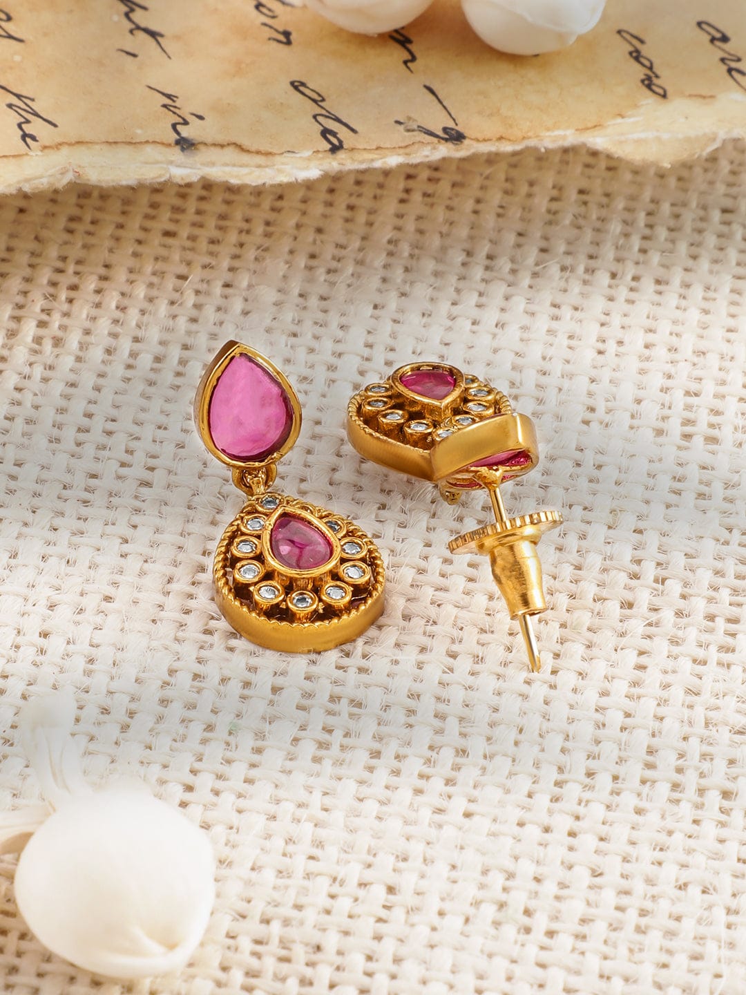 Rubans 22K Gold-Plated Ruby Pink, Emerald, and Cubic Zirconia Studded Lakshmi Temple Choker Necklace Set Jewellery Set