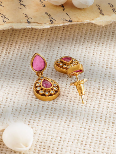 Rubans 22K Gold-Plated Ruby Pink, Emerald, and Cubic Zirconia Studded Lakshmi Temple Choker Necklace Set Jewellery Set