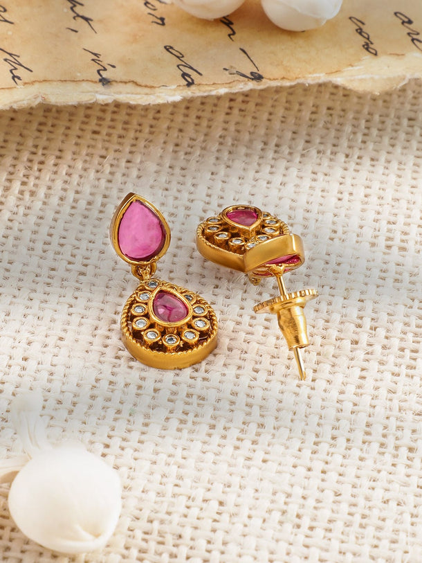 Rubans 22K Gold-Plated Ruby Pink, Emerald, and Cubic Zirconia Studded Lakshmi Temple Choker Necklace Set Jewellery Set