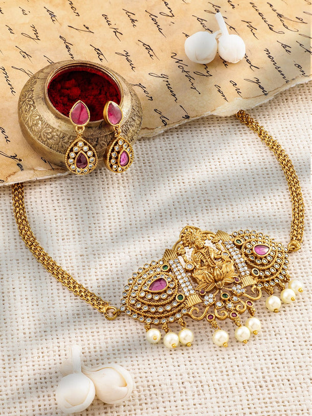 Rubans 22K Gold-Plated Ruby Pink, Emerald, and Cubic Zirconia Studded Lakshmi Temple Choker Necklace Set Jewellery Set