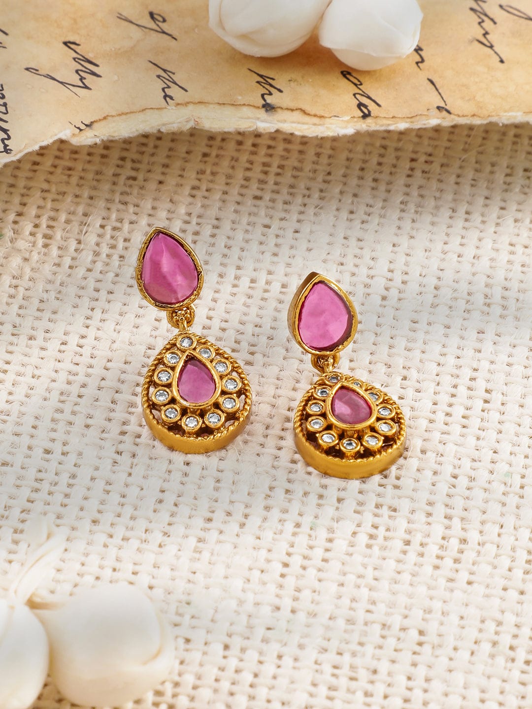 Rubans 22K Gold-Plated Ruby Pink, Emerald, and Cubic Zirconia Studded Lakshmi Temple Choker Necklace Set Jewellery Set