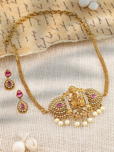 Rubans 22K Gold-Plated Ruby Pink, Emerald, and Cubic Zirconia Studded Lakshmi Temple Choker Necklace Set Jewellery Set