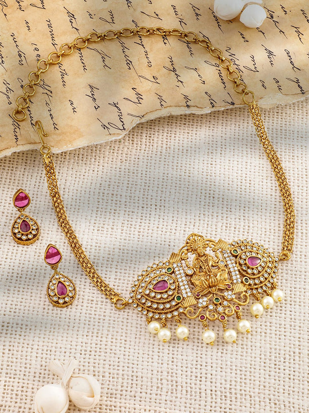 Rubans 22K Gold-Plated Ruby Pink, Emerald, and Cubic Zirconia Studded Lakshmi Temple Choker Necklace Set Jewellery Set
