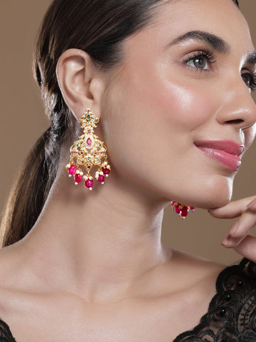 Rubans 22K Gold-Plated Ruby Pink, Emerald & Cubic Zirconia Studded Chandbali Earrings Chandbali Earrings