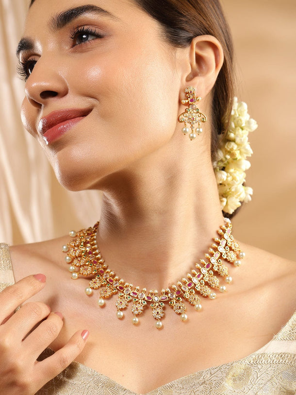 Rubans 22K Gold Plated Ruby Pink, Emerald & Cubic Zirconia Studded Floral Jewellery Set Necklaces, Necklace Sets, Chains & Mangalsutra