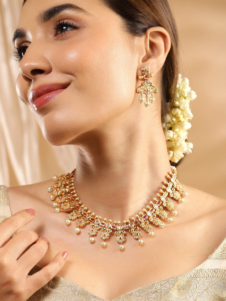 Rubans 22K Gold Plated Ruby Pink, Emerald Cubic Zirconia Studded Flo