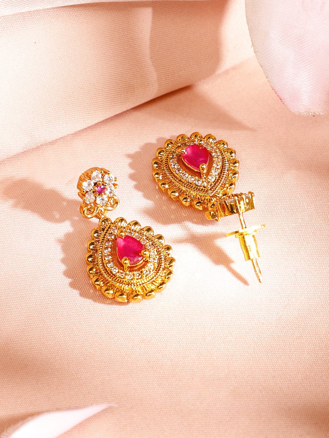 Rubans 22K Gold-Plated Ruby Pink & Emerald Cubic Zirconia Studded Handcrafted Necklace Set Jewellery Set