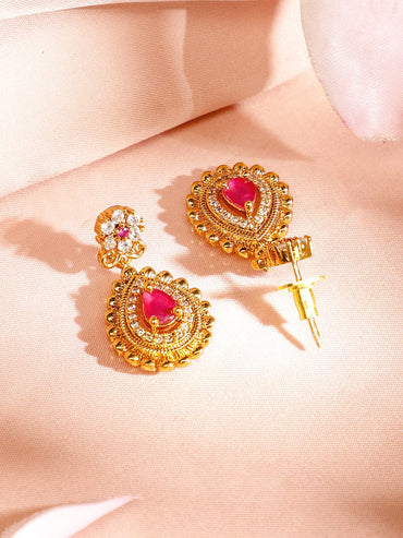 Rubans 22K Gold-Plated Ruby Pink & Emerald Cubic Zirconia Studded Handcrafted Necklace Set Jewellery Set