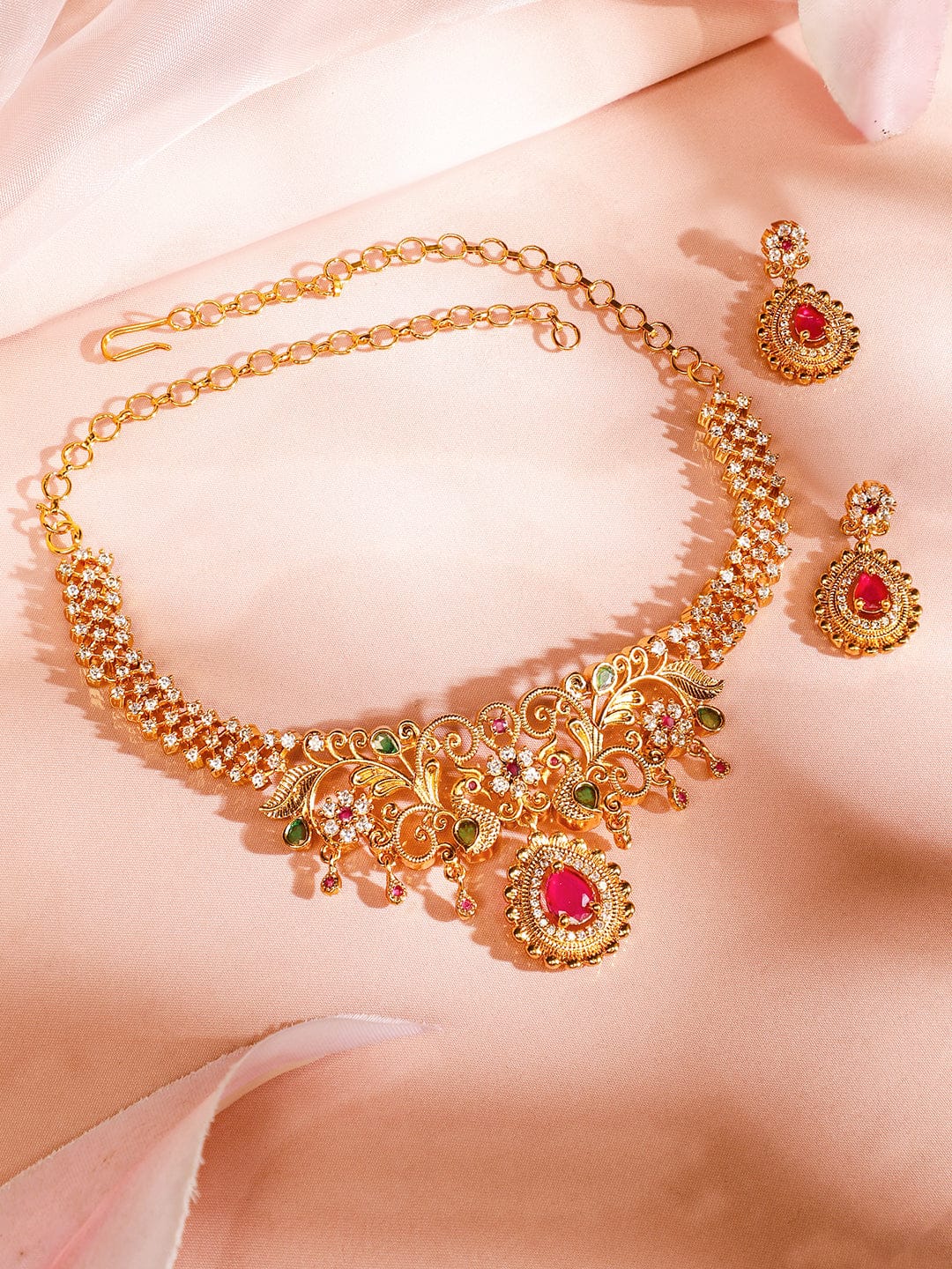 Rubans 22K Gold-Plated Ruby Pink & Emerald Cubic Zirconia Studded Handcrafted Necklace Set Jewellery Set