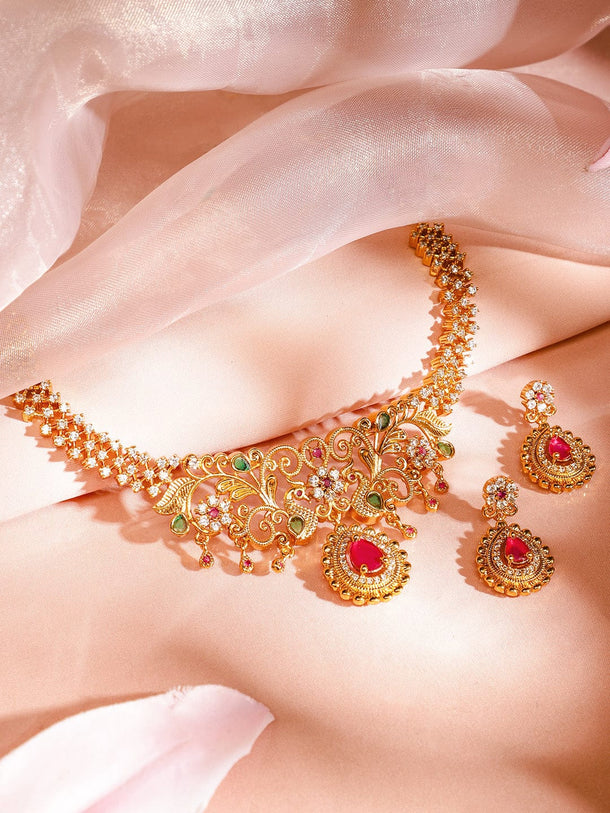 Rubans 22K Gold-Plated Ruby Pink & Emerald Cubic Zirconia Studded Handcrafted Necklace Set Jewellery Set