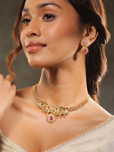 Rubans 22K Gold-Plated Ruby Pink & Emerald Cubic Zirconia Studded Handcrafted Necklace Set Necklace Set