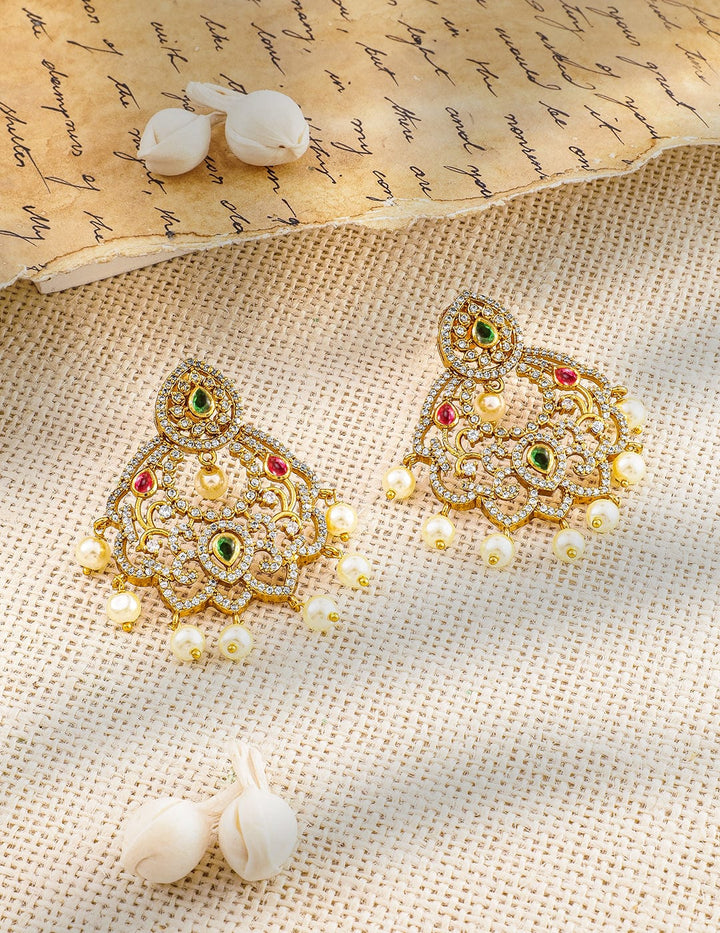 Rubans 22K Gold-Plated Ruby Pink, Emerald & Cubic Zirconia Studded Pearl Chandbali Earring Earrings