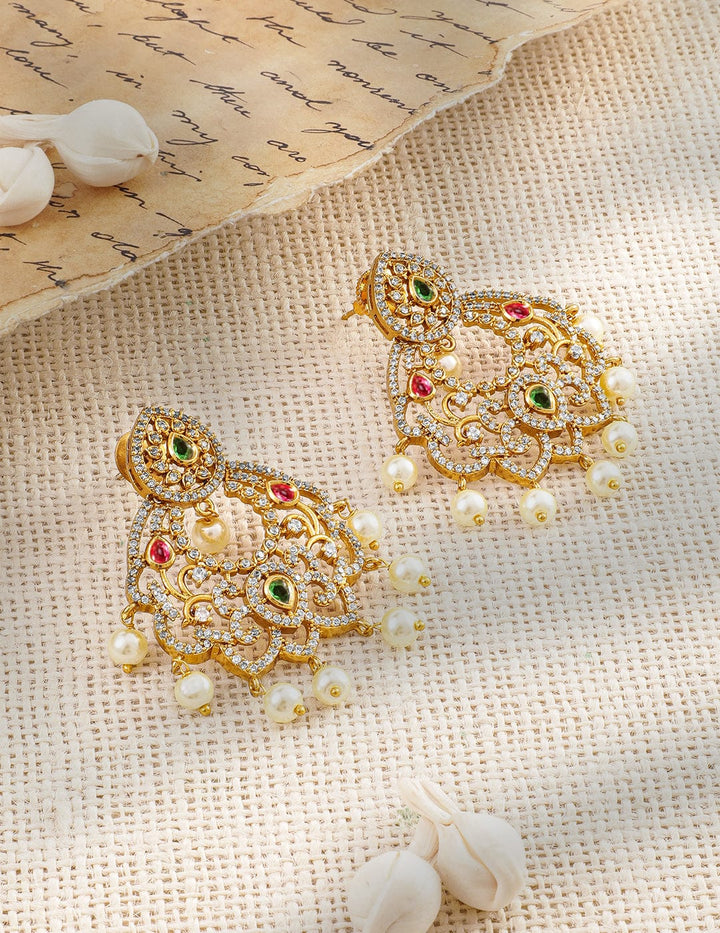 Rubans 22K Gold-Plated Ruby Pink, Emerald & Cubic Zirconia Studded Pearl Chandbali Earring Earrings