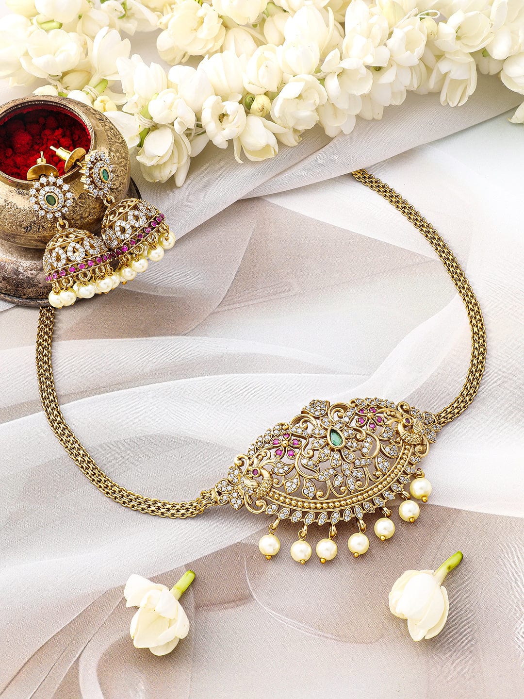 Rubans 22K Gold-Plated Ruby Pink, Emerald Green, Cubic Zirconia & Pearl Beaded Choker Set Jewellery Set