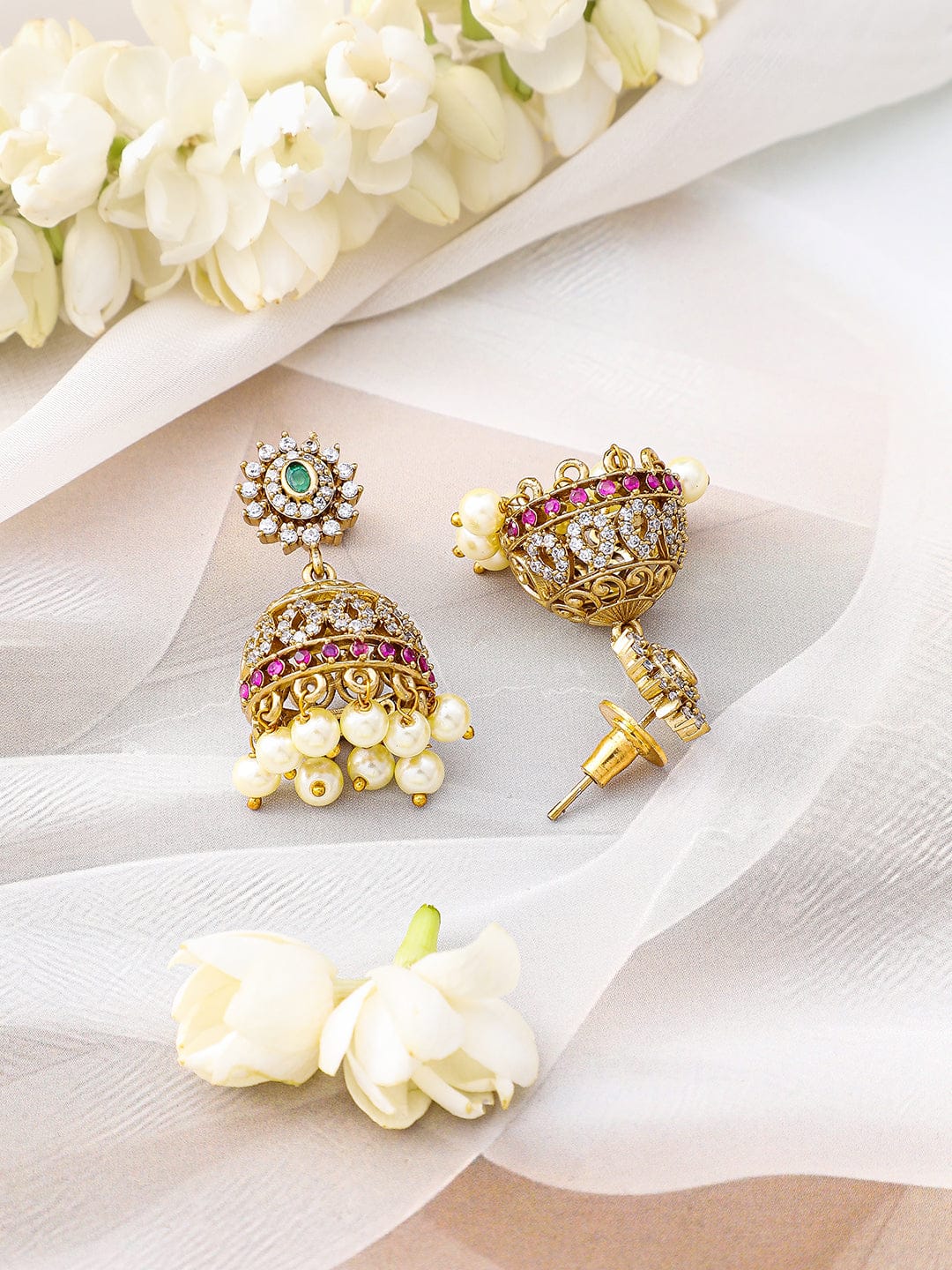 Rubans 22K Gold-Plated Ruby Pink, Emerald Green, Cubic Zirconia & Pearl Beaded Choker Set Jewellery Set