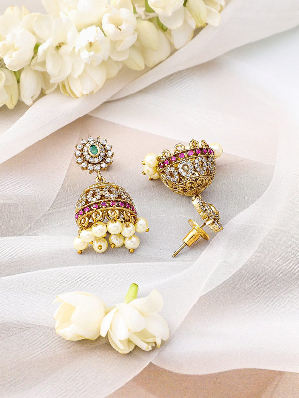 Rubans 22K Gold-Plated Ruby Pink, Emerald Green, Cubic Zirconia & Pearl Beaded Choker Set Jewellery Set