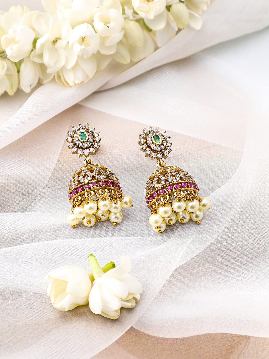 Rubans 22K Gold-Plated Ruby Pink, Emerald Green, Cubic Zirconia & Pearl Beaded Choker Set Jewellery Set