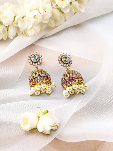 Rubans 22K Gold-Plated Ruby Pink, Emerald Green, Cubic Zirconia & Pearl Beaded Choker Set Jewellery Set