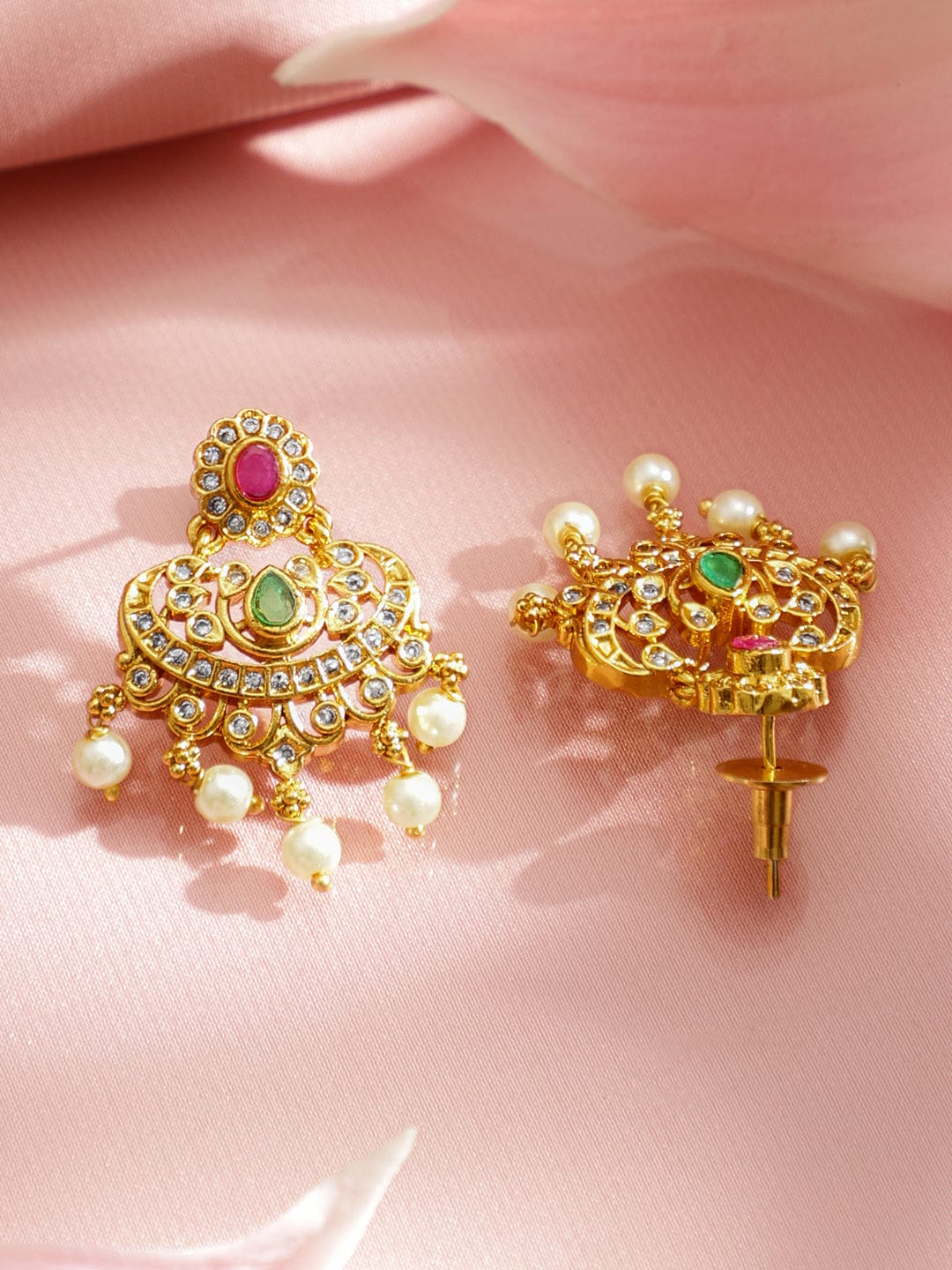 Rubans 22K Gold-Plated Ruby Pink, Emerald Green & CZ and Pearl Bead Lakshmi Motif Temple Necklace Set Jewellery Set