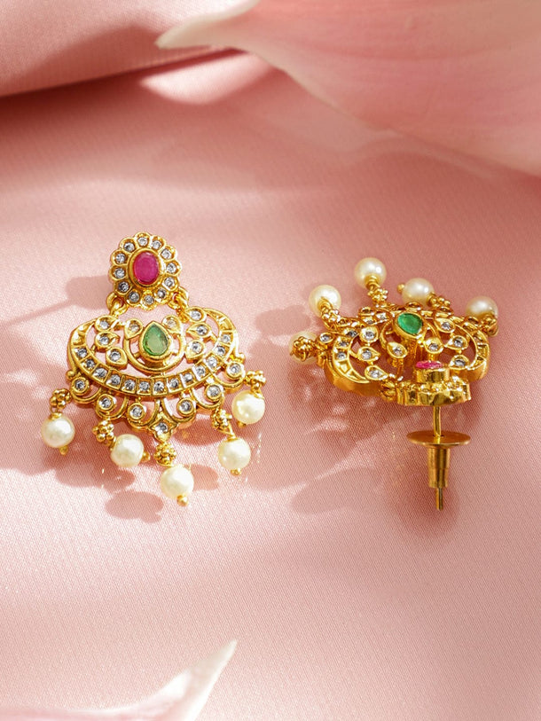 Rubans 22K Gold-Plated Ruby Pink, Emerald Green & CZ and Pearl Bead Lakshmi Motif Temple Necklace Set Jewellery Set