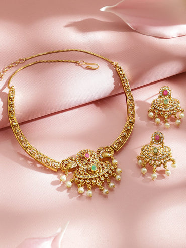 Rubans 22K Gold-Plated Ruby Pink, Emerald Green & CZ and Pearl Bead Lakshmi Motif Temple Necklace Set Jewellery Set