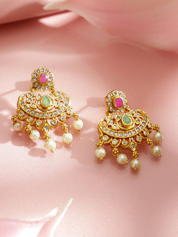 Rubans 22K Gold-Plated Ruby Pink, Emerald Green & CZ and Pearl Bead Lakshmi Motif Temple Necklace Set Jewellery Set