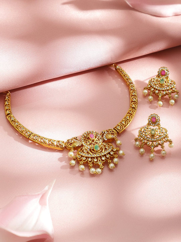 Rubans 22K Gold-Plated Ruby Pink, Emerald Green & CZ and Pearl Bead Lakshmi Motif Temple Necklace Set Necklaces, Necklace Sets, Chains & Mangalsutra