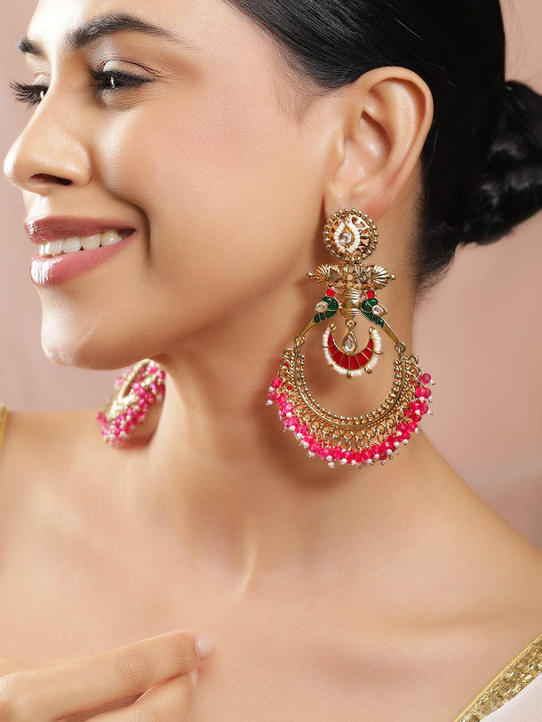 Rubans 22K Gold-Plated Ruby Pink & Emerald Green Handcrafted Big Chandbali Earrings with Beads Earrings