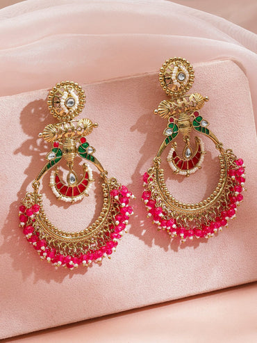 Rubans 22K Gold-Plated Ruby Pink & Emerald Green Handcrafted Big Chandbali Earrings with Beads Earrings