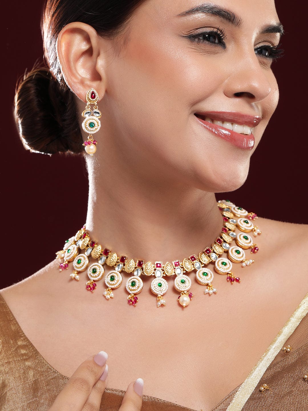 Rubans 22K Gold-Plated Ruby Pink, Emerald Green, Kundan & Pearl Bead Accents Necklace Set Necklace Set