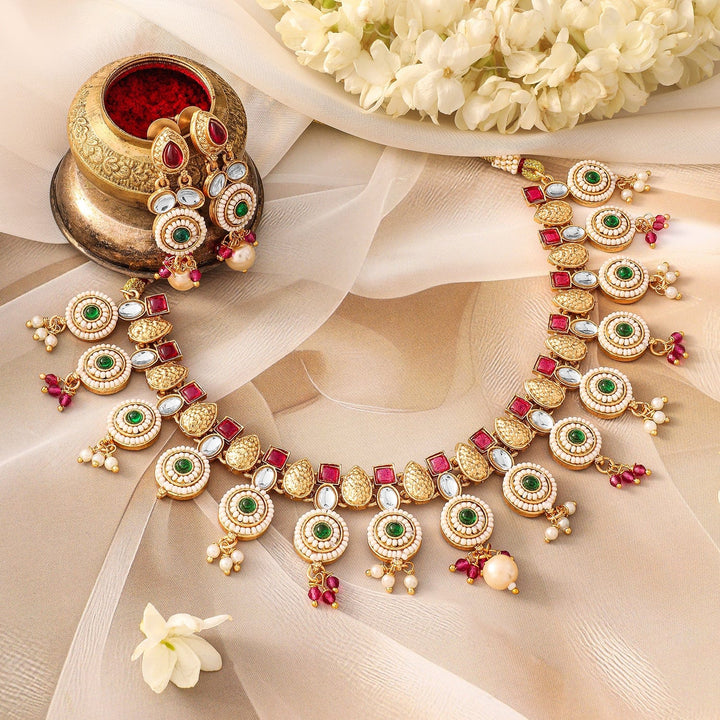 Rubans 22K Gold-Plated Ruby Pink, Emerald Green, Kundan & Pearl Bead Accents Necklace Set Necklace Set