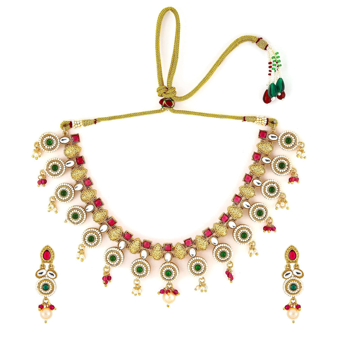 Rubans 22K Gold-Plated Ruby Pink, Emerald Green, Kundan & Pearl Bead Accents Necklace Set Necklace Set