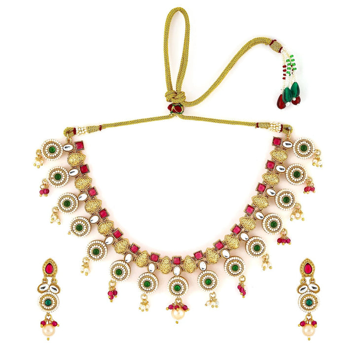 Rubans 22K Gold-Plated Ruby Pink, Emerald Green, Kundan & Pearl Bead Accents Necklace Set Necklace Set